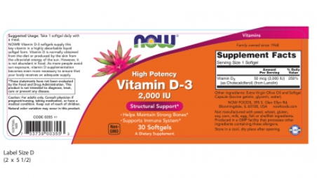 NOW FOODS Vitamin D-3 2000 IU 30Softgels