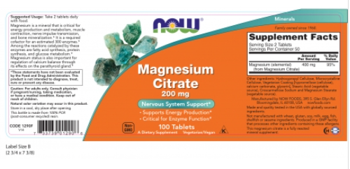 NOW FOODS Magnesium Citrate 200 mg 100Tablets