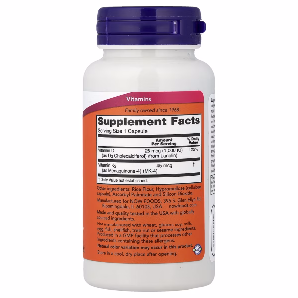 NOW FOODS Vitamin D-3 & K-2 120 Capsules